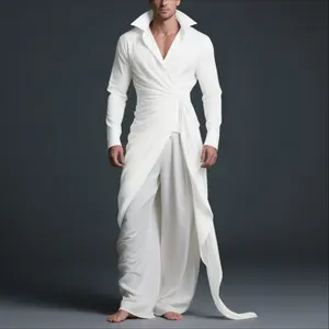 INCERUN Men's Spring Summer Greco-Roman V-Neck Wrap Tunic, Longline Shirt with Asymmetrical Draped Hem, Designer Vacation Cover-up, for Modern Dance & Stage Performance