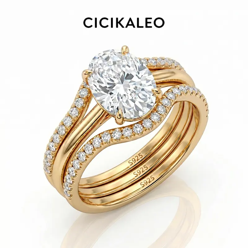 CICIKALEO 14K Gold-Plated 2ct Oval Cut Solid 925 Sterling Silve Promise Ring Wedding Ring Set Triple Engagement Stacking Ring The Grace Bridal Set Cubic Zirconia Ring Jewelry Solitaire Stackable Rings
