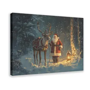 Santa Claus And Reindeer in Snowy Forest Poster, Vintage Christmas Wall Art Winter Decor, Moody Cottagecore Art Decor