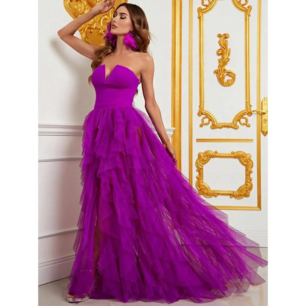 Magenta Tulle Evening Dress with built in bodysuit