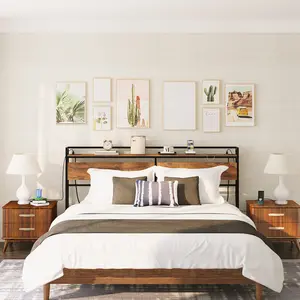 HOOBRO King Size Headboard with 2 Outlets and 4 USB Ports, Adjustable Height, Storage Rack, Sturdy and Stable, Easy Assembly,  Rustic Brown & Black Stylish Design#SpringSale #BigSpringSale