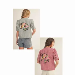 Horse-Patterned Striped Jacket with Back Embroidery