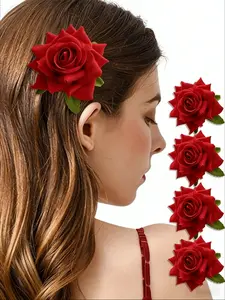 4Pcs Red Rose Hair Clips, Artificial Flower Hairpins with Leaves, Vintage Gothic Style Hair Accessories for Women, Elegant Floral Barrettes for Wedding, Prom, Party, Daily Wear, Bridal Hair Decoration