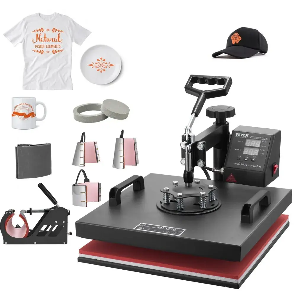 【Backtoschool】8-in-1 Heat Press Kit, 15"x15" Digital Swing Arm LCD Screen Sublimation Transfer Machine for DIY T-Shirt, Mug, Cap, Letters, Digital Control