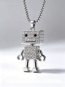 Hip-Hop Iced Out Robot Pendant Necklace, 70cm Titanium Steel Chain, Movable Arms Legs, Streetwear Jewelry, Unique Fashion Accessory