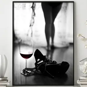 2D Flat, 1pc Black and White Wine Glasses and High Heels Pearl Sexy Women's Canvas Poster, Modern and Fashionable Wall Decoration Painting, Suitable for Bedroom, Living Room, Bar, Leisure Area Decoration, Wine Art, Home Decoration Frameless
