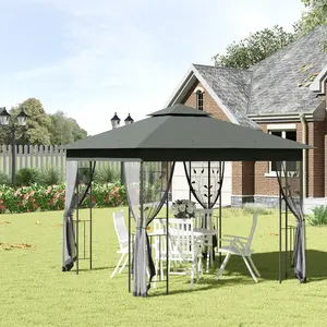 10x10ft Outdoor Double Roof Gazebo Steel Powder Coated Frame Mesh Sidewalls for Lawn Backyard Relaxing Gathering