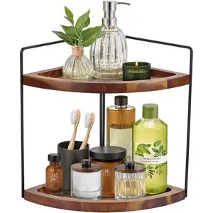 Bathroom Corner Counter Organizer 13.2x9.9 inch, 2 Tier Acacia Wood Organizer Countertop, Corner Storage Shelf Standing Rack, Cosmetic Vanity Tray Kitchen Spice Rack, Bathroom Storage Décor