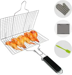 Fish Grill Basket, Fish Basket Non-stick Stainless Steel Foldable Nets Portable with Removable Handle Easy-to-flip for Steaks Seafood Vegetables Outdoor Barbecue Utensils Charcoal