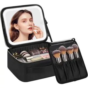 Makeup Bag with LED Mirror, Travel Makeup Case for Women and Makeup Artists Cosmetic Organizer Large Make Up Bags with Light Up Mirror, 3 Color Lights, Adjustable Dividers and Brush Holder
