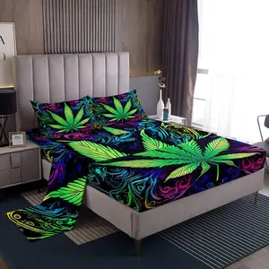 Feelyou Boho Weed Leaf Bedding Set - Ultra Soft Microfiber Breathable Sheets, Decorative Fitted Sheet, Trippy Colorful Bedroom Decor, Decorative Bedsheet Sets