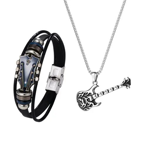 OIDEA Men's Rock Goth Jewelry Set - Stainless Steel Bold Guitar Head Shape Pick Necklace, Adjustable Leather Bracelet, Funky Punk Edge Men's Jewelry, Music Festival Gift for Boyfriend