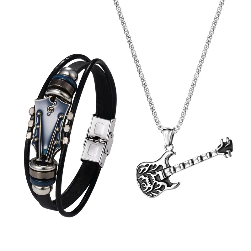 OIDEA Men's Rock Goth Jewelry Set - Stainless Steel Bold Guitar Head Shape Pick Necklace, Adjustable Leather Bracelet, Funky Punk Edge Men's Jewelry, Music Festival Gift for Boyfriend