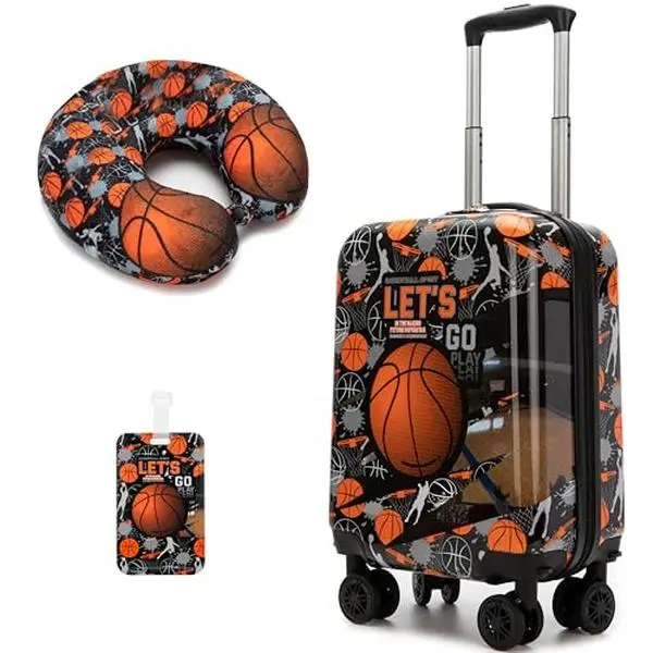 Boys 3-Piece Basketball Luggage Set, Sturdy ABS Hard Shell Rolling Carry-On Suitcase for Kids Travel & Sports Camp, Includes Pillow & Tag, Luggage Bags For Travel, Rolling Carry On Luggage For Plane Luggagesets