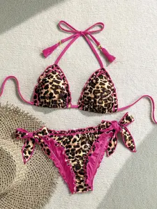 BKINI Women's Retro Colorful Leopard, Zebra, Floral Print Frill Halter Neck Tie Tassel Decor Beach Bikini Set