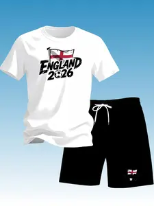 Men's New England 2026 Football Casual Sports Set, Short Sleeve + Shorts Two-Piece, Fashionable Printed Tee, Breathable Summer, Soccer Tee, Breathable Athletic Top