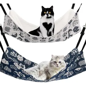 Cat Hammock for Cage Hanging Reversible 2Pack, Adjustable Pet Hammock Bed, Soft Sleeping Hammock for Cats, Ferret, Puppy, Rabbits, Small Animals (M, CAT)