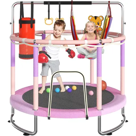 Kids Mini Round Trampoline with Basketball Hoop - 55"/60" Stable Exercise Trampoline, Foam Cushioned Mat, 360° Padded Safety Net, 3-Height Adjustable Gym Bar, Swing, Sandbag, Ring, Ocean Balls, 440lbs Capacity, Indoor/Outdoor Toy for Ages 1-8 Boys & Girls