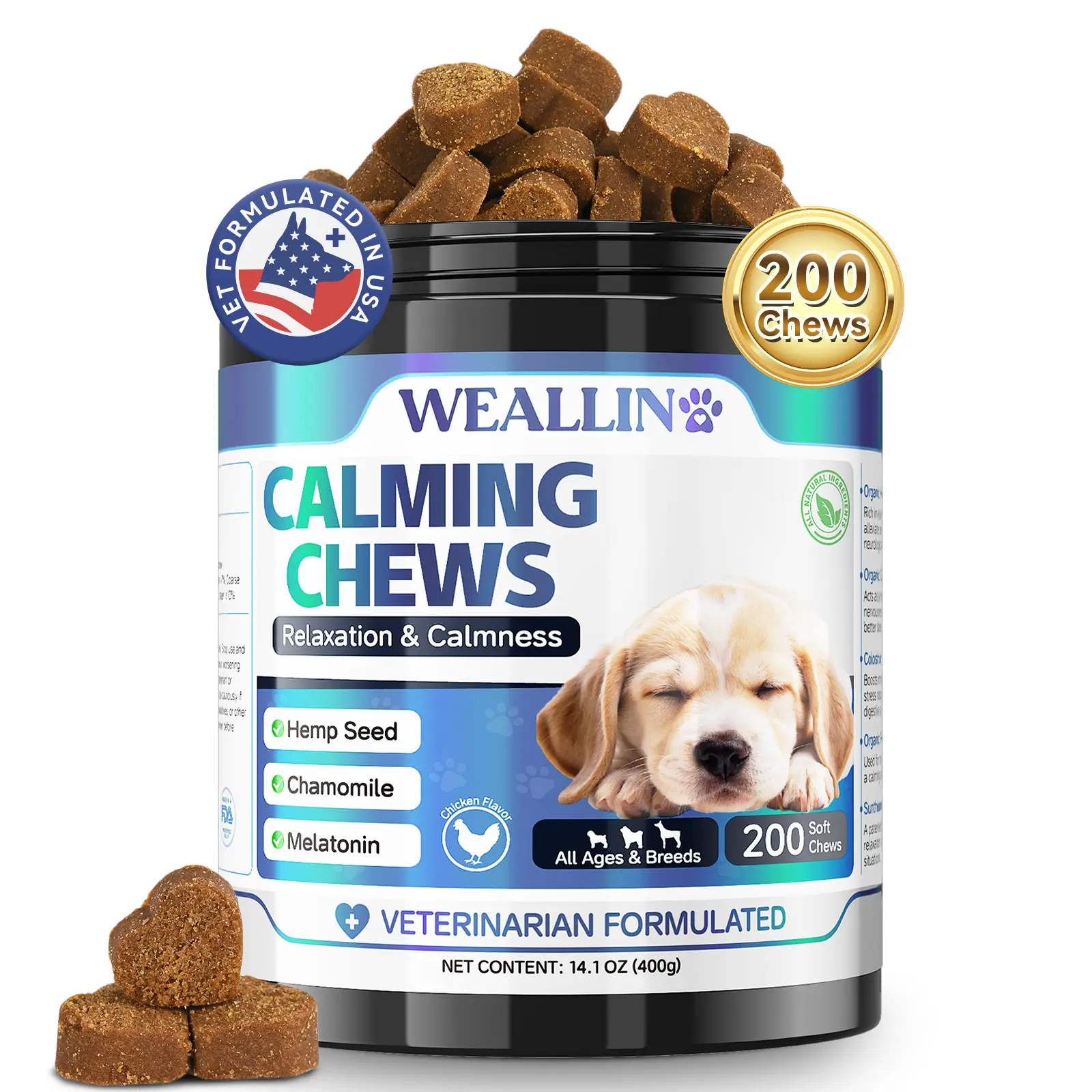 WEALLIN 200 PCS Dog Calm Chews Snacks - Gentle Stress Relief, Natural Calmness with Hemp, Melatonin, Chamomile - for Travel, Separation Anxiety