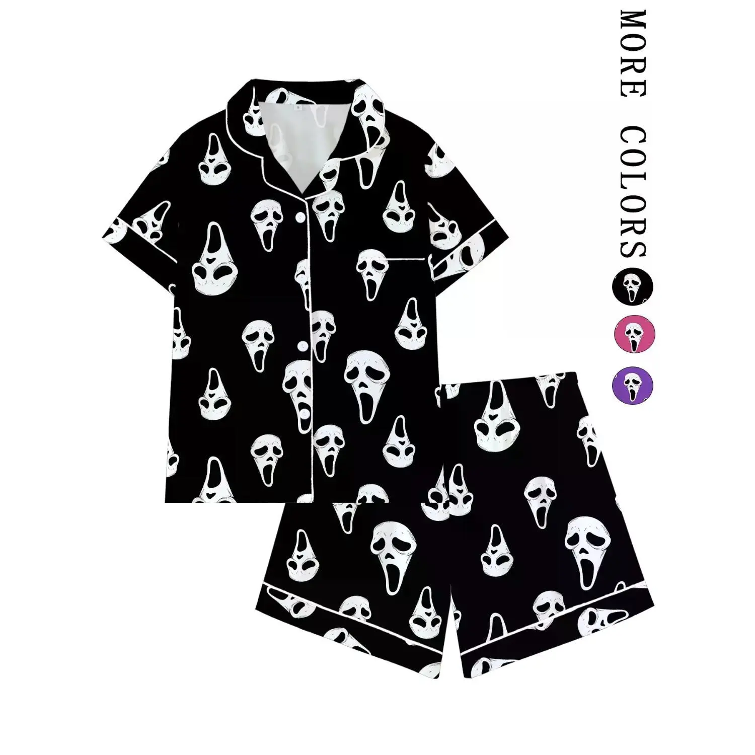 Y2K Horror Mask Pajama Set, Ghost Print Sleepwear, Soft Knit Short Sleeve Button-Up, Fun Halloween 2-Piece Loungewear, Dark Aesthetic