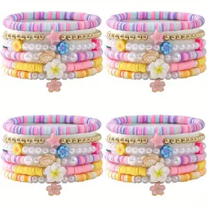 Bohemia Surfer Heishi Bead Bracelets Set Y2k Star Flower Charms Bracelets Sea Turtle Evil Eye Colorful Clay Beaded Stretch Bracelet for Women Summer Beach Jewelry Gifts pins pins