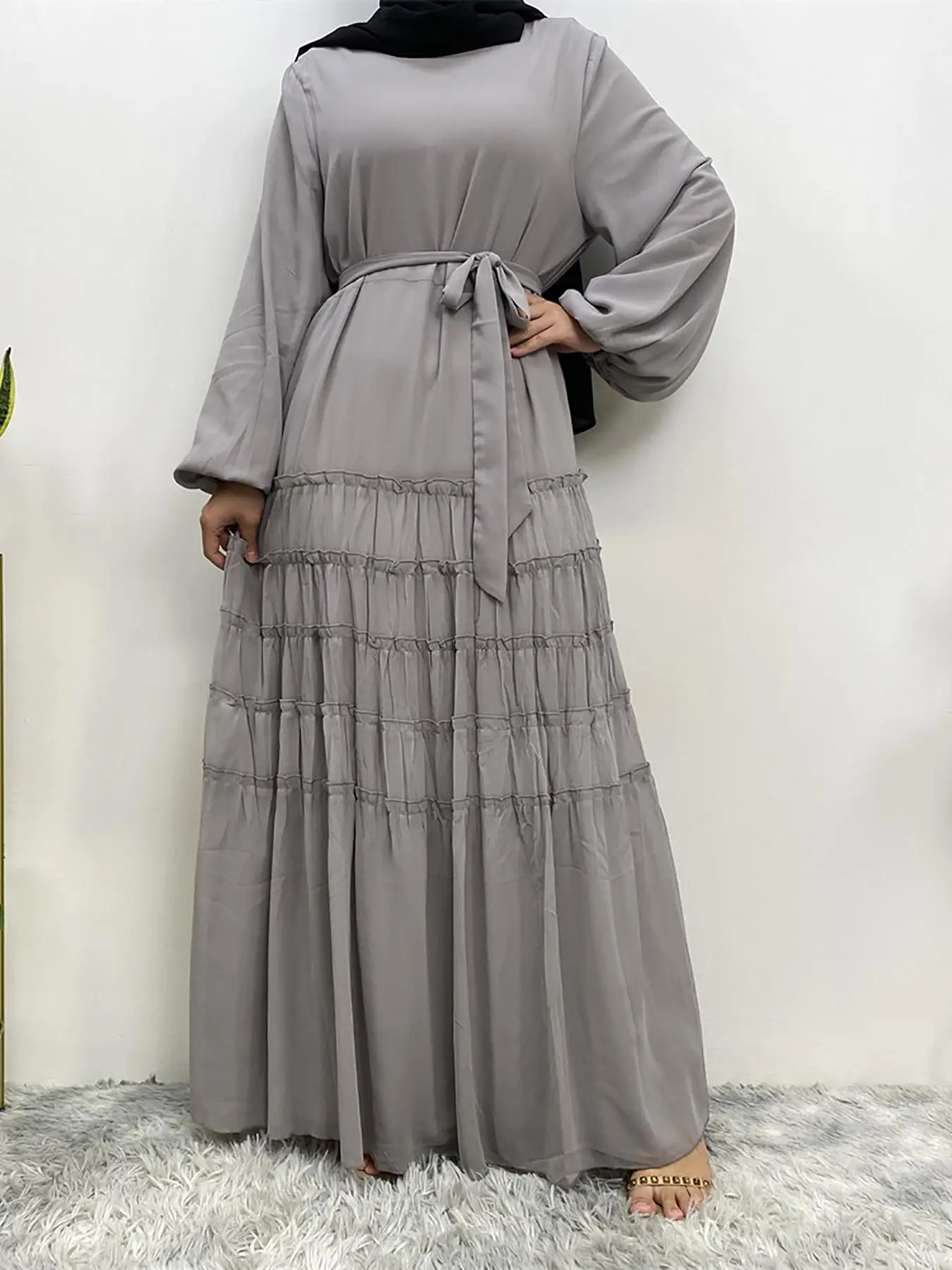 Women's Solid Belted Tiered Layer Maxi Dress, Elegant Bishop Sleeve Long Sleeve A Line Dress for Spring & Fall, Women's Islamic Clothing for Daily Wea