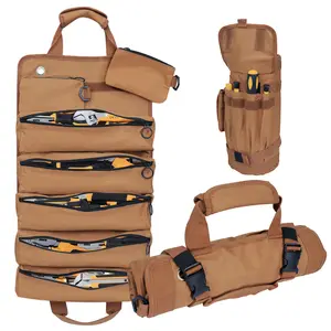 Portable Foldable Roll-Up Tool Bag, Heavy-Duty 5-Compartment Organizer with 2 Detachable Pouches, Waterproof Storage Bag for Electricians, Mechanics