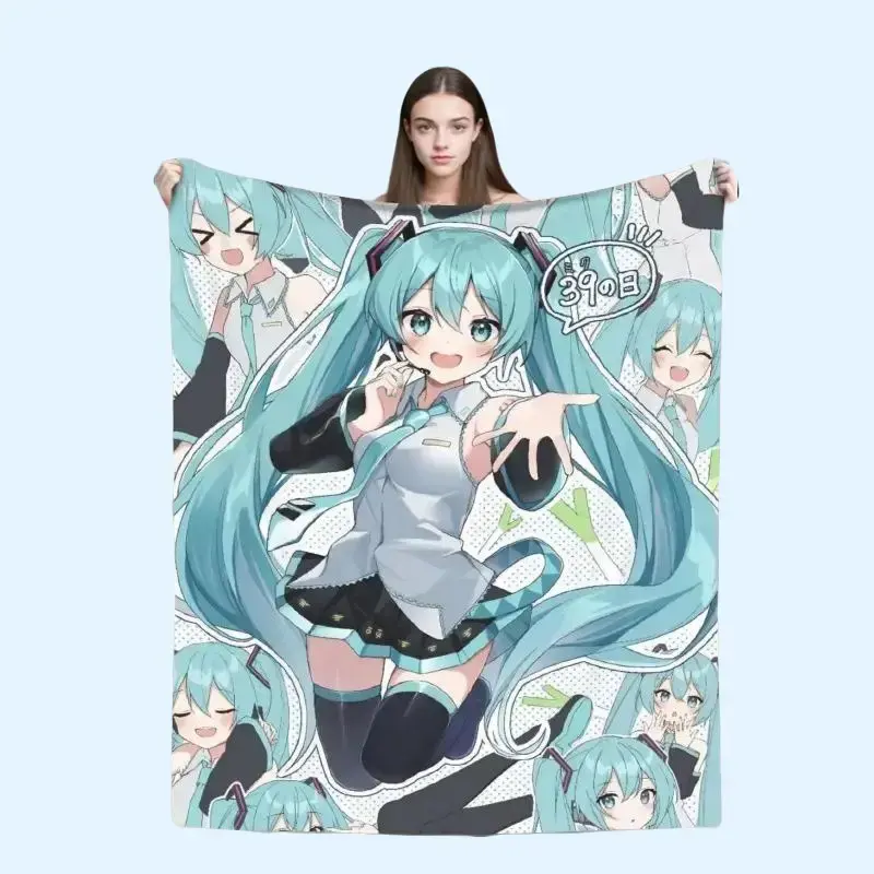 Hatsune Miku Themed Flannel Cozy Throw Blanket - Soft, Fluffy, Breathable Multi-Functional Warm Cover, Illustrated Character Anime Manga Cartoon Mascot Japanese-Themed Blanket for Bedroom Home Use & Gifting, Illustrated Character B