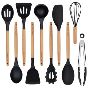 HENKELIVING 10 Pcs Silicone Cooking Utensils Set - BPA Free, Heat-Resistant Wood Handles, Non-Scratch Spatulas for Nonstick Cookware