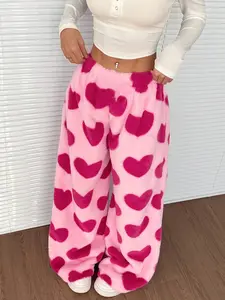 Women's Plush Heart Long Pants, Cute Warm Fashion Casual Home Wear Loungewear, All Season Comfortable Ladies' Clothing, Versatile Daily Use