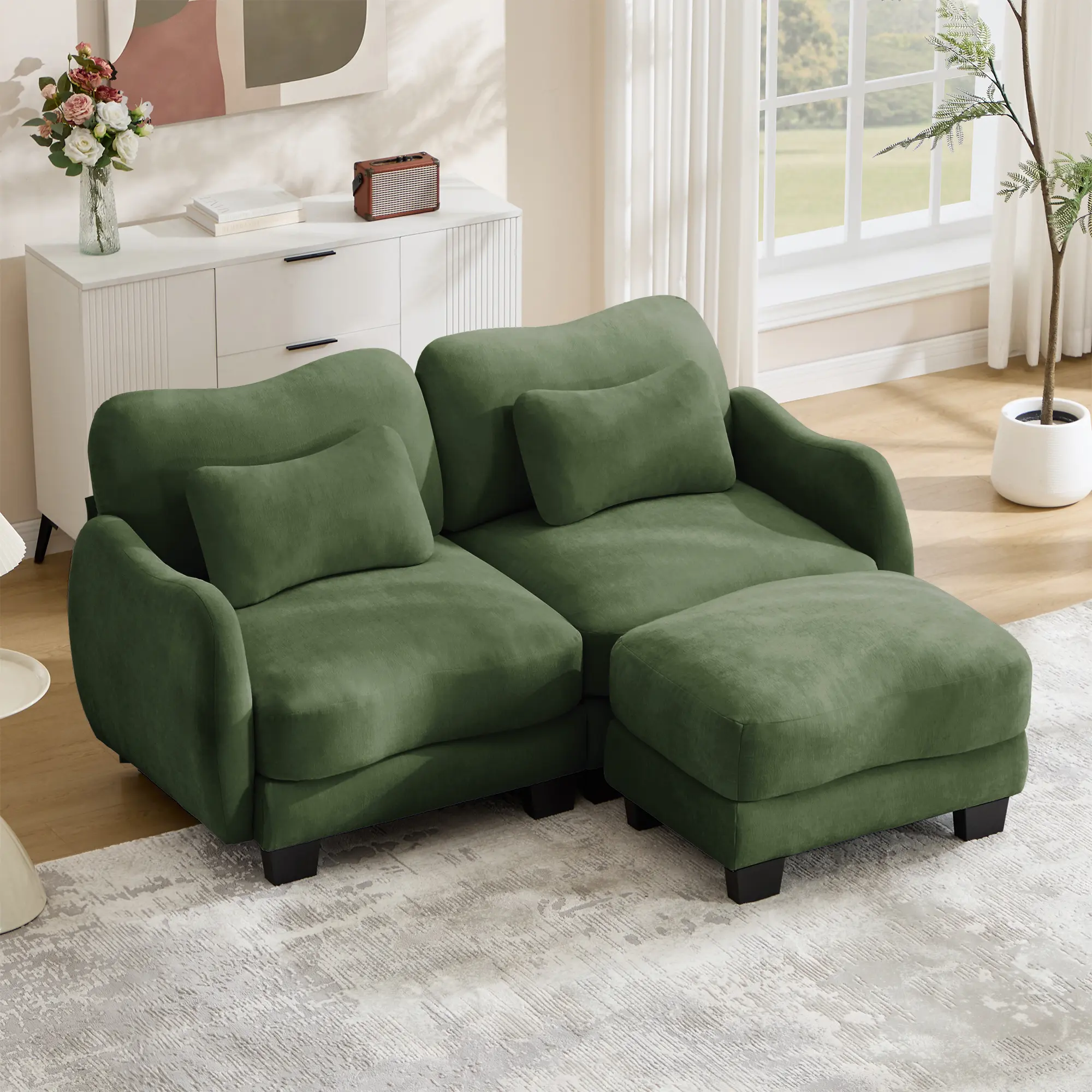 L-Shaped Loveseat Sofa with Movable Ottoman and Lumbar Pillow, Ergonomic Curve Design, Chenille Upholstery, Cloud-Like Cushions, Easy Assembly, Green