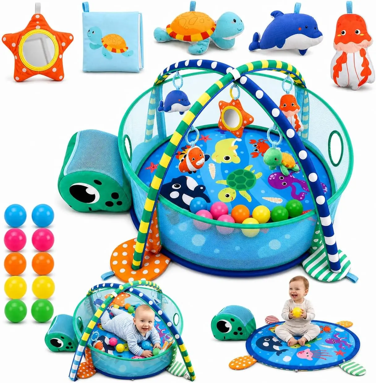 TOY Life 3-in-1 Turtle Baby Play Gym & Ball Pit - Tummy Time Activity Mat with 10 Balls, 5 Sensory Hanging Plush Toys & Storage, Newborn & Toddler Gift for Infant 0-36 Months