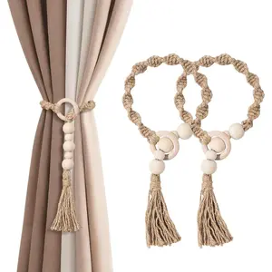 Macrame Curtain Tiebacks with Wooden Beads, Jute Rope Boho Holdbacks with Tassels,  Beige, 2-Pcs
