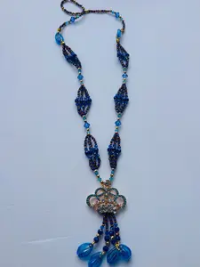 Oshosi Gala Eleke - Santeria Orisha Oshosi Bead Necklace - Blue and Gold Crystal Beads with Large Imperial Crown and Snail Charms - Yoruba Santeria Lukumi Religious Jewelry