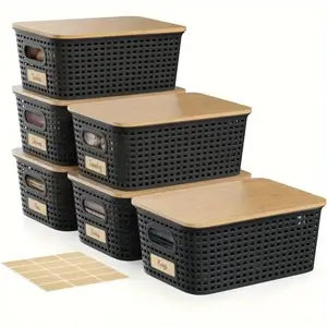 6-Pack Wicker-Style Storage Boxes with Bamboo Lids – Study & Makeup Organizer Set Black 6Pc Organization