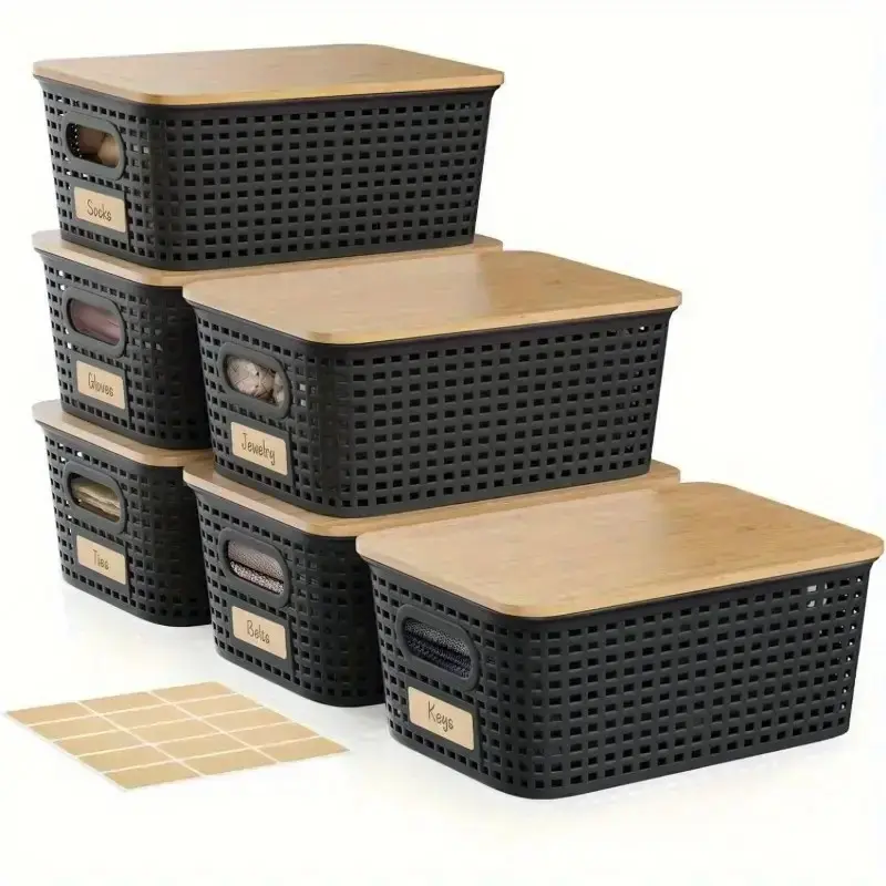 6-Pack Wicker-Style Storage Boxes with Bamboo Lids – Study & Makeup Organizer Set Black 6Pc Organization