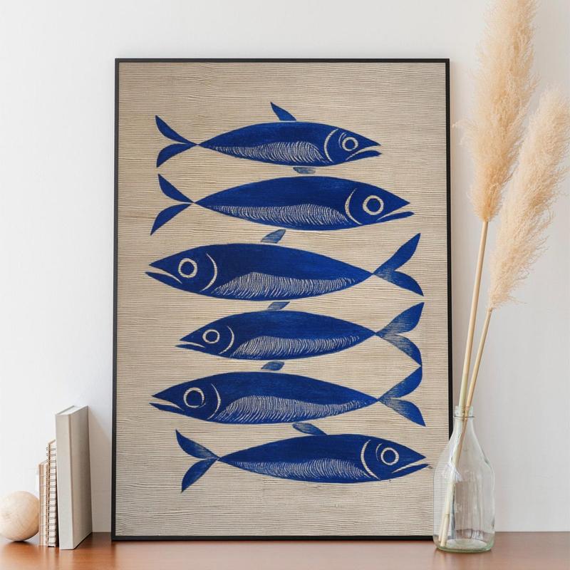 Blue Ink Sardine Striped Painting Wall Art Print, Stripes Trendy Aesthetic Kitchen Art, Sardine Kitchen Art, Antique Fish Art Printable, Unframe