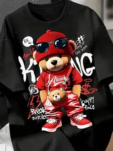 Streetwear Teddy Bear Graphic T-Shirt, Hip Hop Urban Fashion Tee, Trendy Cartoon Bear Print Shirt, Casual Cotton Short Sleeve Top, Cool Street Style Outfit, Street Outfit for Men