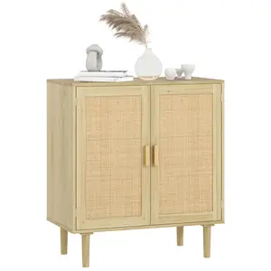 HOMCOM Sideboard Buffet Cabinet, 47" Boho Buffet Table, Rattan Coffee Bar Cabinet with 3 Doors and Shelves for Kitchen, Living Room, Entryway, Natural