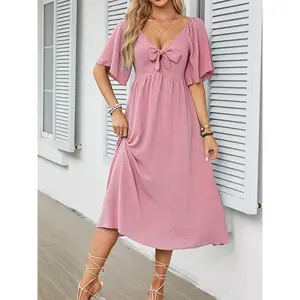 Ladies' Pink V-neck Chest Tied Bow Elegant Dress for Valentines Day Casual Summer A-line Silhouette Comfortable Fit Everyday Wear Essential Evening Style Lightweight Fabric Minimalist Suit