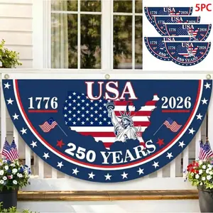 USA 250th Anniversary Polyester Semicircle Fence Banner, 1776–2026 Patriotic Bunting Flag, American Flag Half Round Banner, Fourth Of July Independence Day Outdoor Decor, USA 250 Years Porch Fence Party Banner