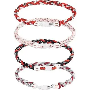 4 counts Baseball Necklaces Three Braided Rope Tornado Necklaces Sports Titanium Necklace Baseball Rope Necklaces