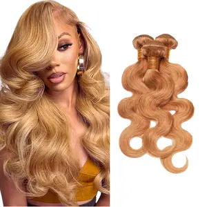 Honey Blonde Body Wave Bundles Color #27 100% Human Hair 15A Wavy Cuticle Aligned Quick Weave Natural Soft Double Weft Extension Honey Blonde