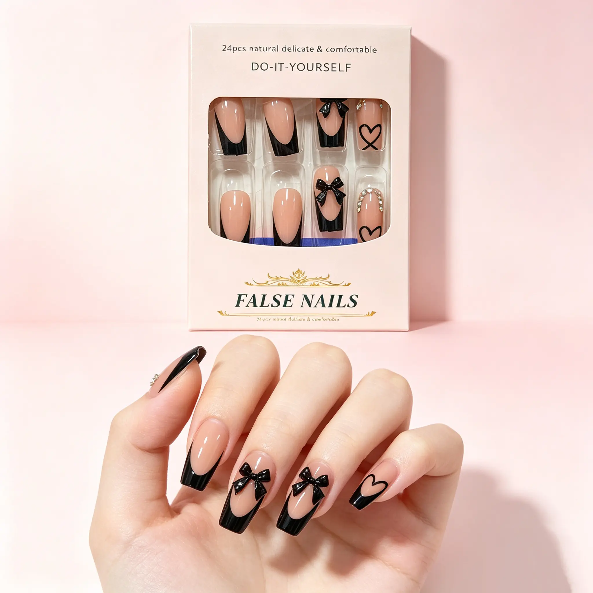 Press-On Nails, 24 Pcs Reusable Long-Wear Kit, Sheer Nude & Black French Tips with 3D Bows, Hearts & Chains for Dates, Original, Party, Nail Press On Nails
