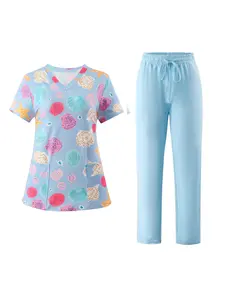 Women's Nursing Uniform Set Short Sleeve Nurse Top Pants Health Workwear Comfortable Fit Cute Cartoon Shell Digital Print Uniform Advantage Scrubs