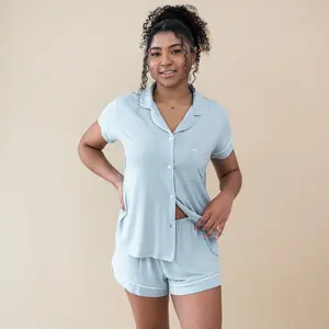Women’s Short Sleeve Pajama Set in Fog with Cloud Trim
