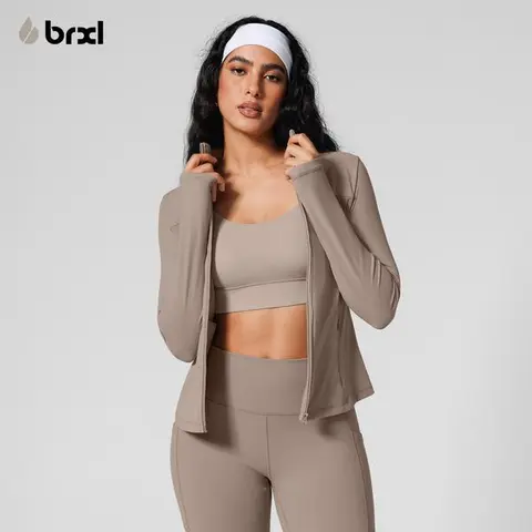 BRXL Women's Athletic Yoga Jacket — A solid-color, slim-fit, stretchy cotton zip-up jacket featuring a square neckline, front zipper, and side pockets.#sohochi #backtoschool