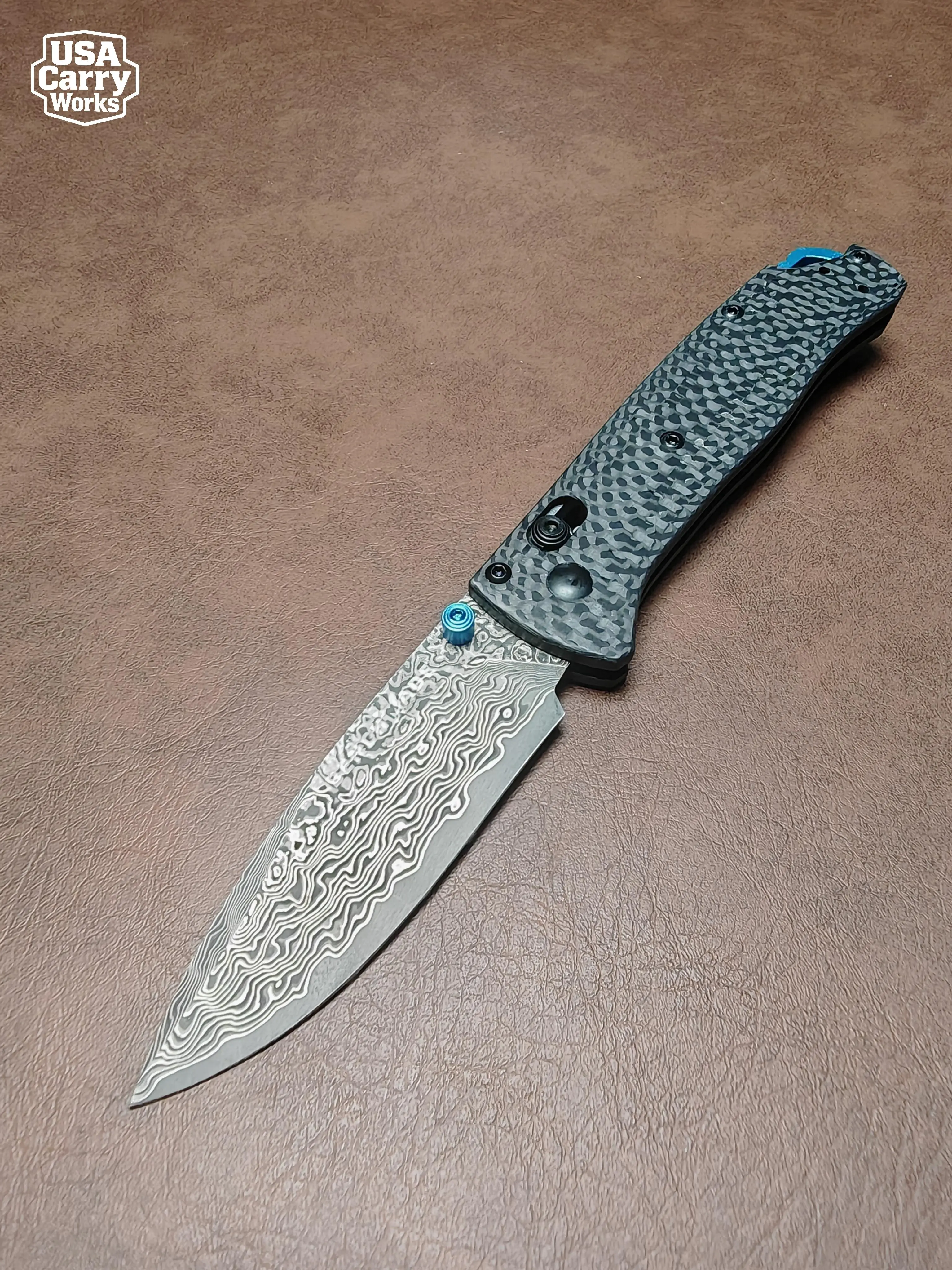 BM535 Premium Damascus Pattern Carbon Fiber EDC Folding Pocket Knife Crossbar Lock Blue Accents Everyday Carry Utility Tool Deep Clip Outdoor Camping Hiking Gear Wilderness Survival Blade Men Father Coming Of Age Gift Reliable Lightweight Pocketknife