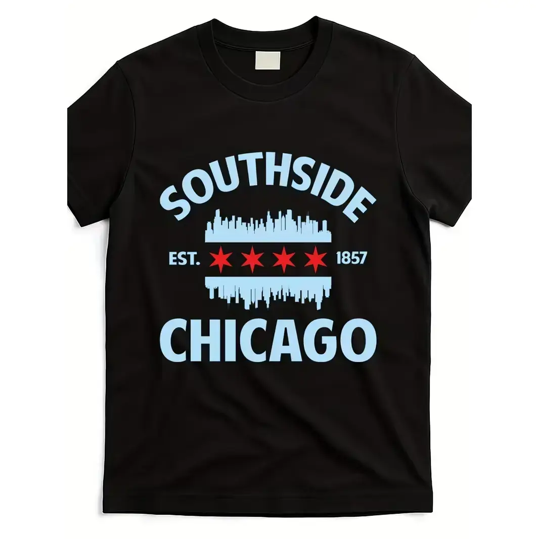 Chicago Flag Skyline T-Shirt, Unisex Retro Graphic Tee in Heavyweight 100% Cotton, Breathable Short Sleeve Top for Casual Day Wear or Layering, Shortsleeve, Classic, Loose, Round Neck, Simple, Soft, Dress, Tshirt, Casual Wear, Fabric