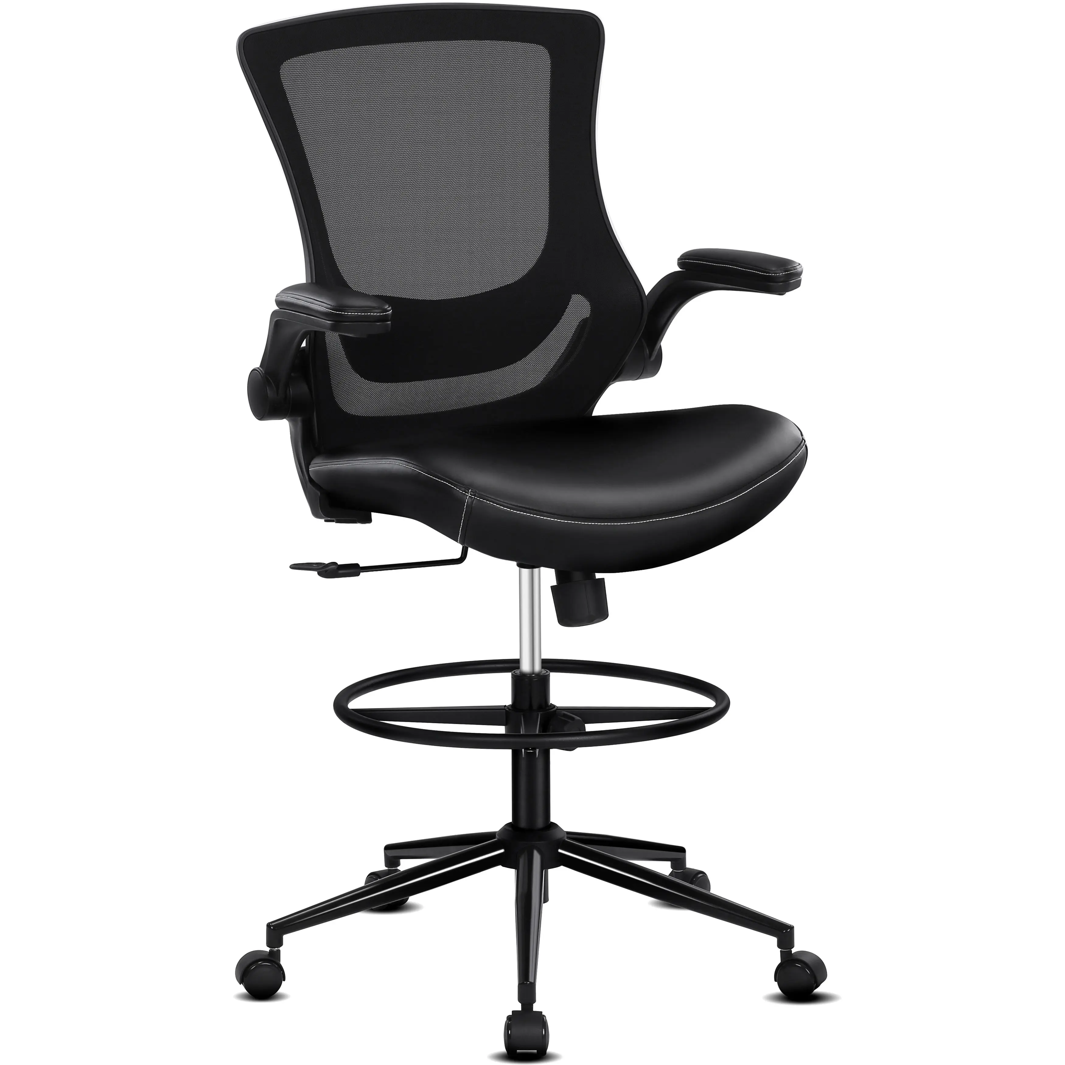 Tall Office Chair for Standing Desk, Drafting Chair with Foot Ring, Recline Office Drafting Chair, Standing Desk Chair with Adjustable Lumbar Support, PU Leather High Office Chair MI300 blue office chair office furniture